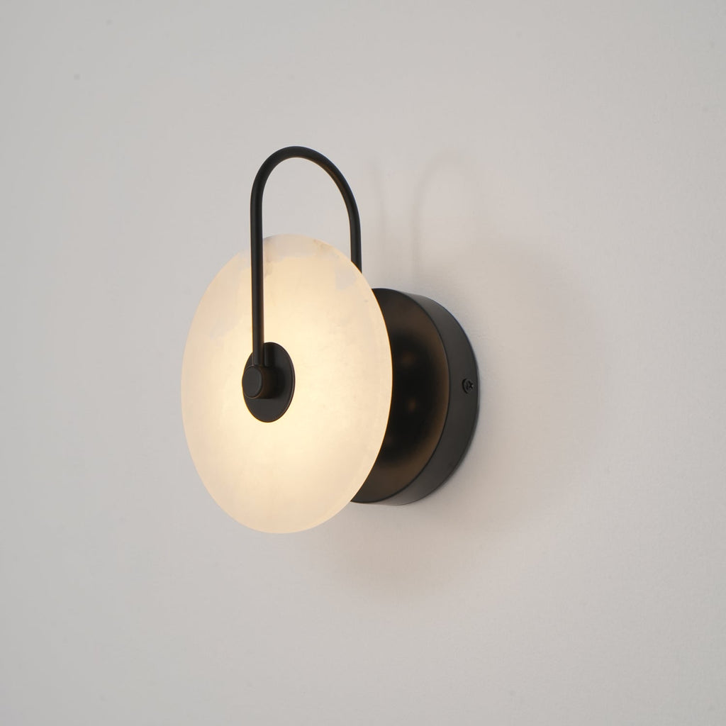 Alabaster LED Disc Wall Sconce — Warm Light, Black Arm