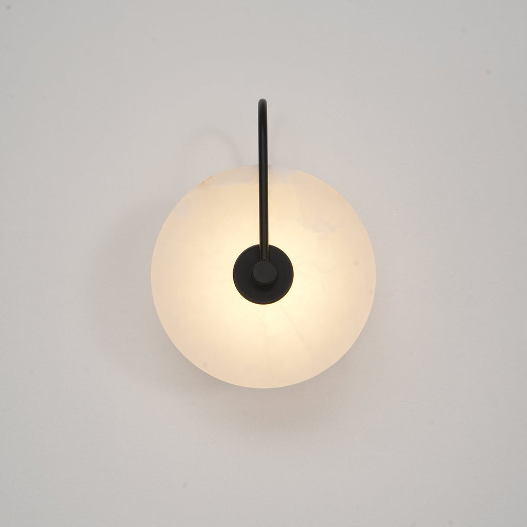 Alabaster LED Disc Wall Sconce — Warm Light, Black Arm