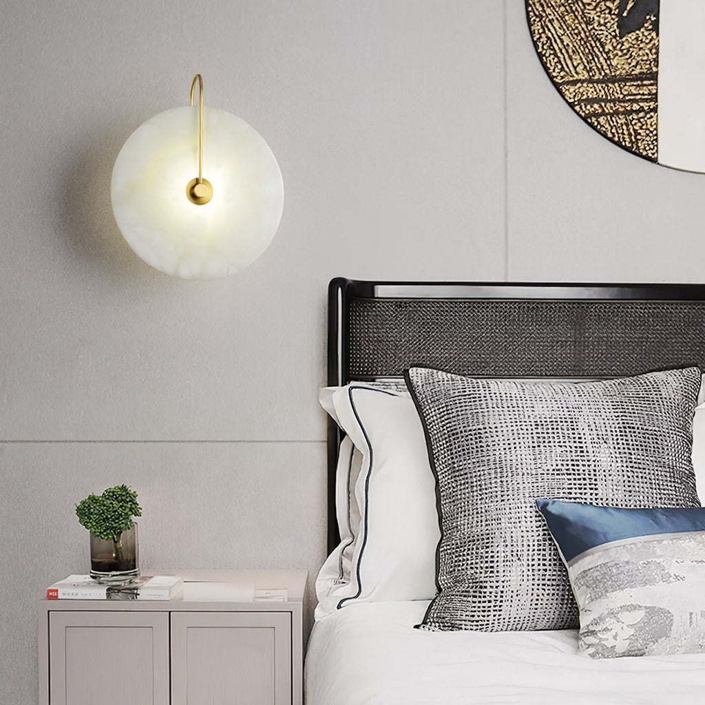 Alabaster LED Disc Wall Sconce — Warm Light, Black Arm