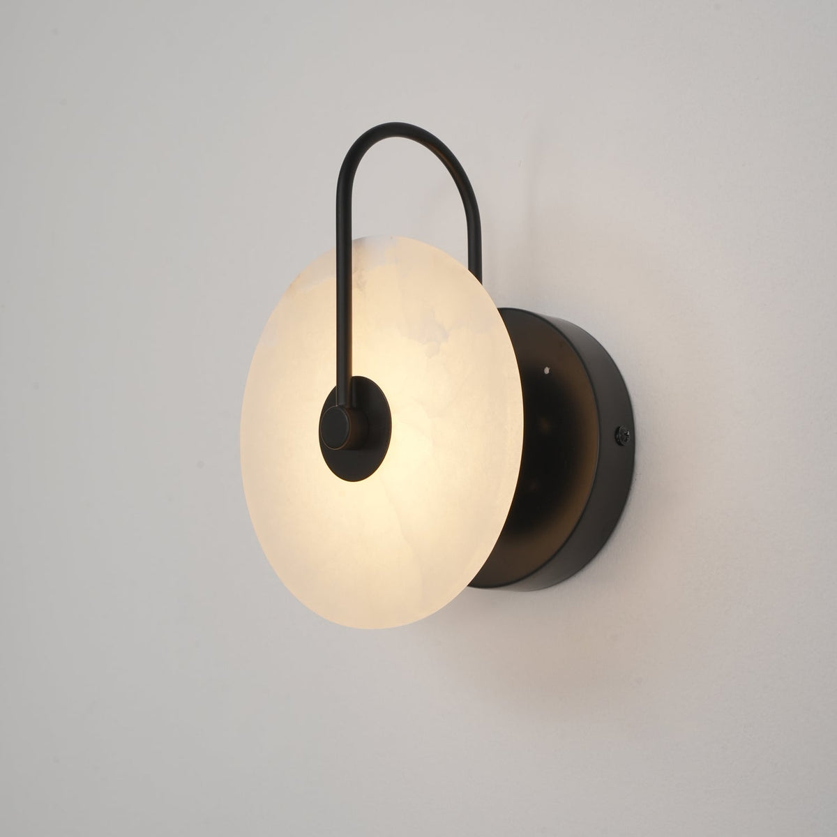 Alabaster LED Disc Wall Sconce — Warm Light, Black Arm