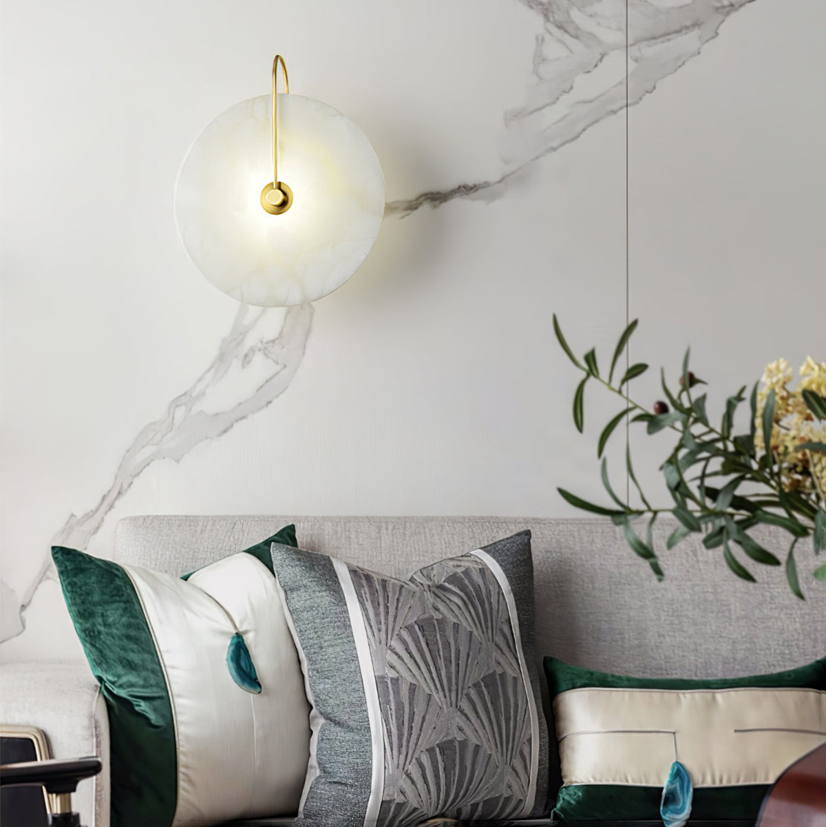 Alabaster LED Disc Wall Sconce — Warm Light, Black Arm