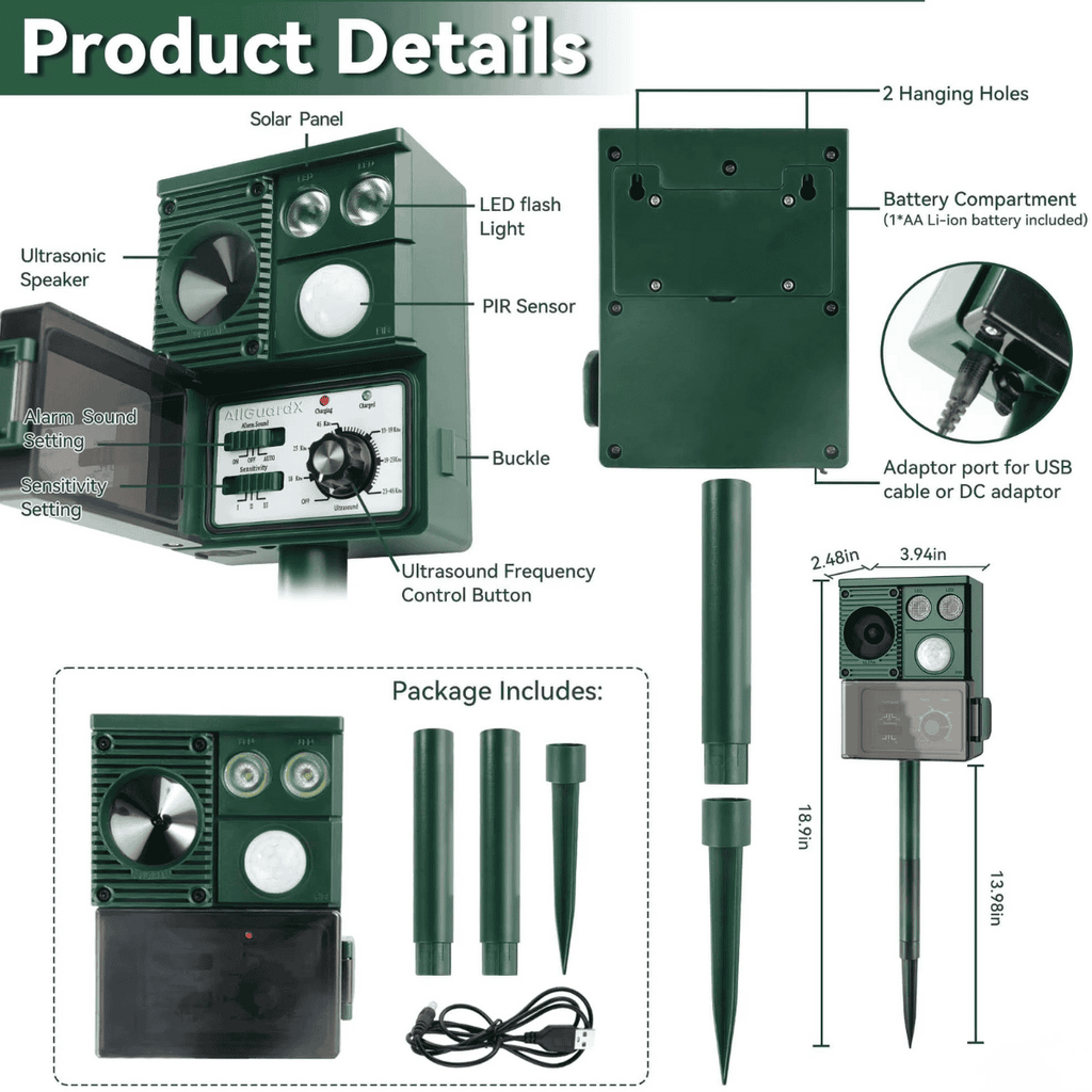 Solar Motion Activated Animal Repellent — Adjustable Ultrasonic Deterrent
