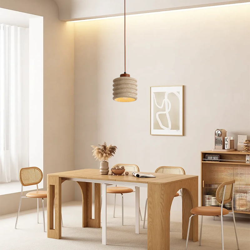 Modern Yellow Pendant Light - Travertine & Wood Ceiling Lamp for Dining Area - Flindria