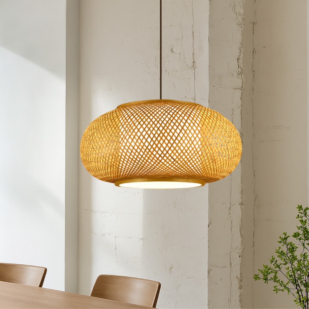 Birano Bamboo Pendant Light With Airy Lattice Shade Soft Glow