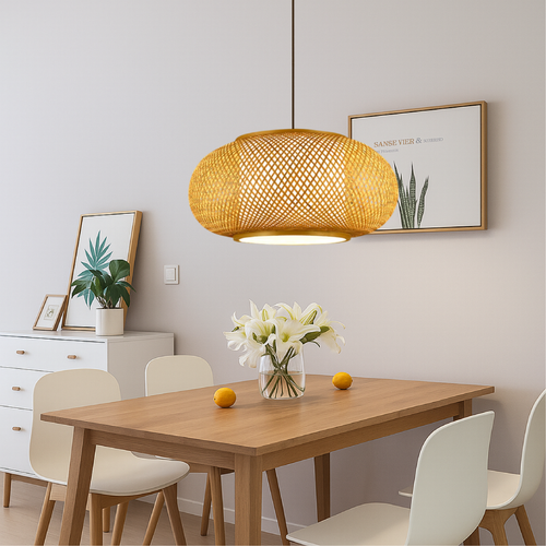 Birano Bamboo Pendant Light With Airy Lattice Shade Soft Glow