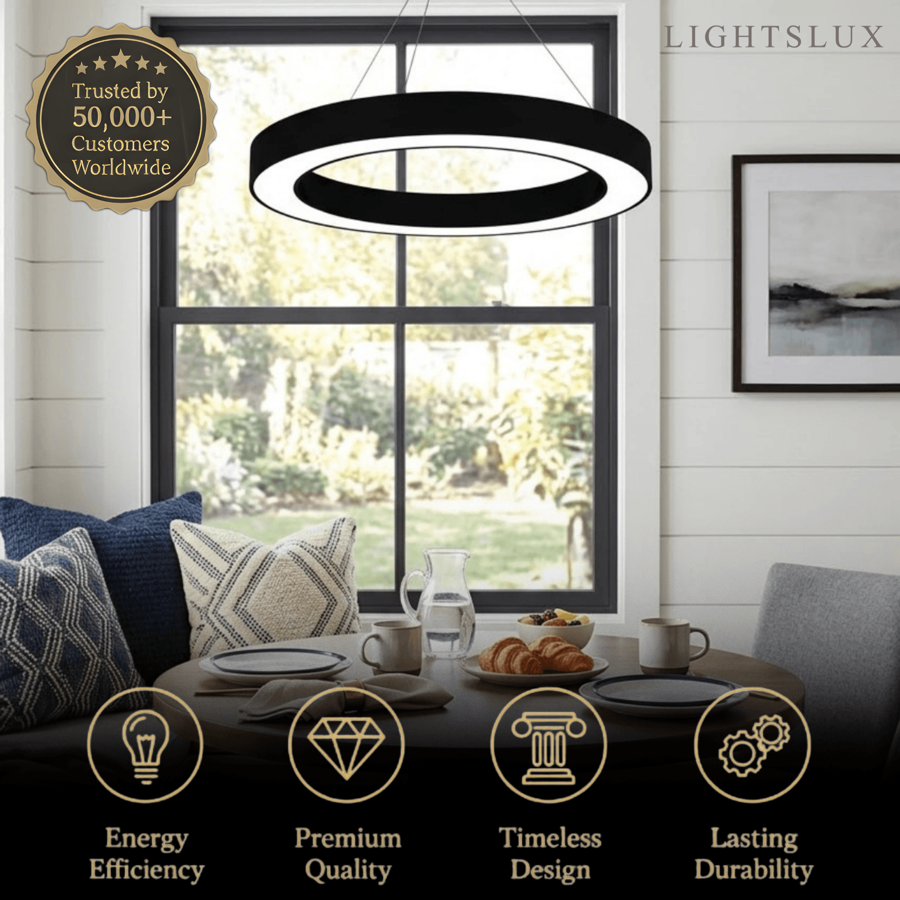 Modern Ring Pendant Light - Black Acrylic for Dining Room - Flindria