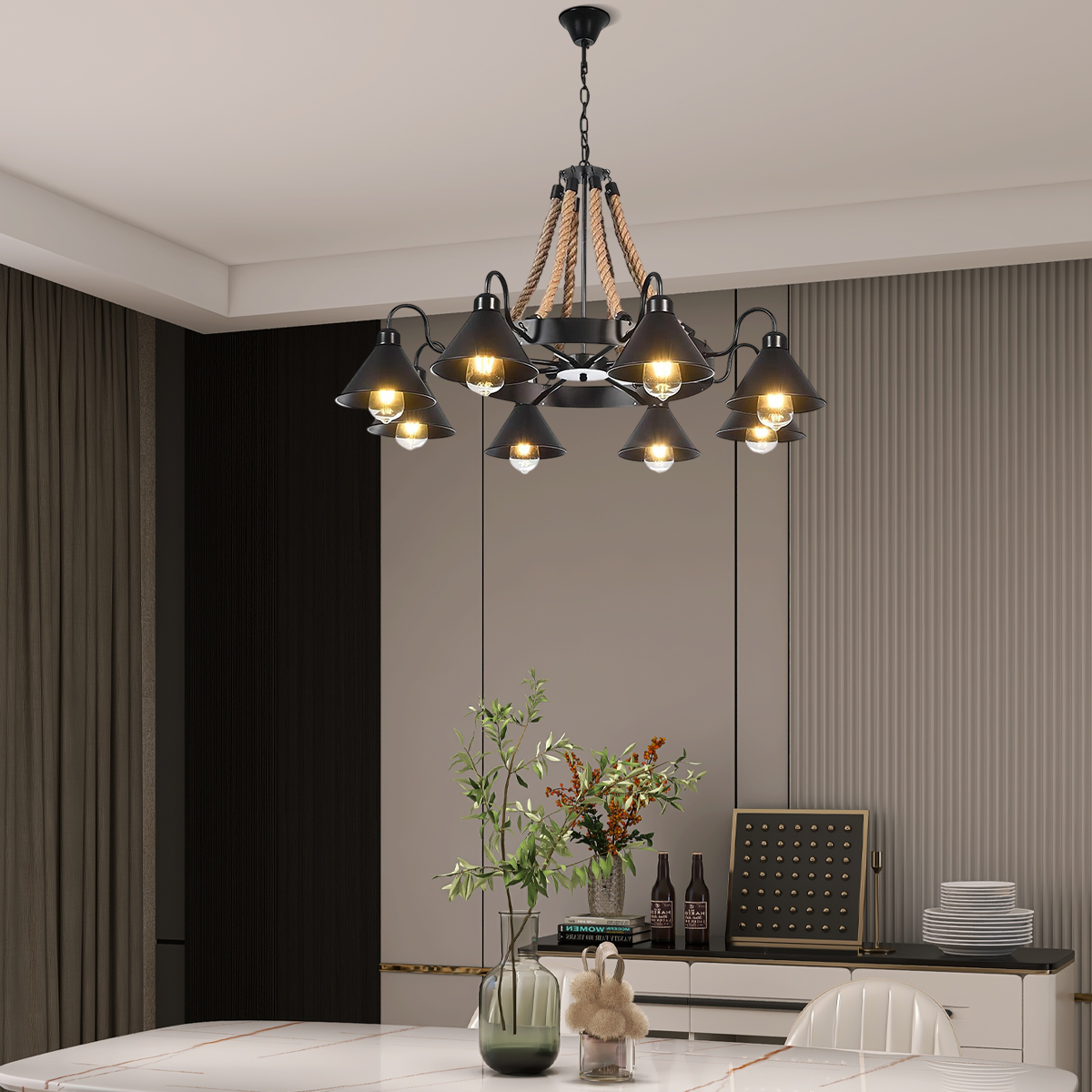 Lámpara de araña industrial de anillo - Metal negro para sala de estar - Flindria