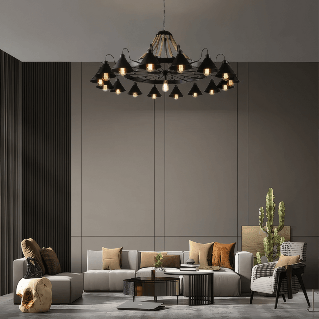 Lámpara de araña industrial de anillo - Metal negro para sala de estar - Flindria