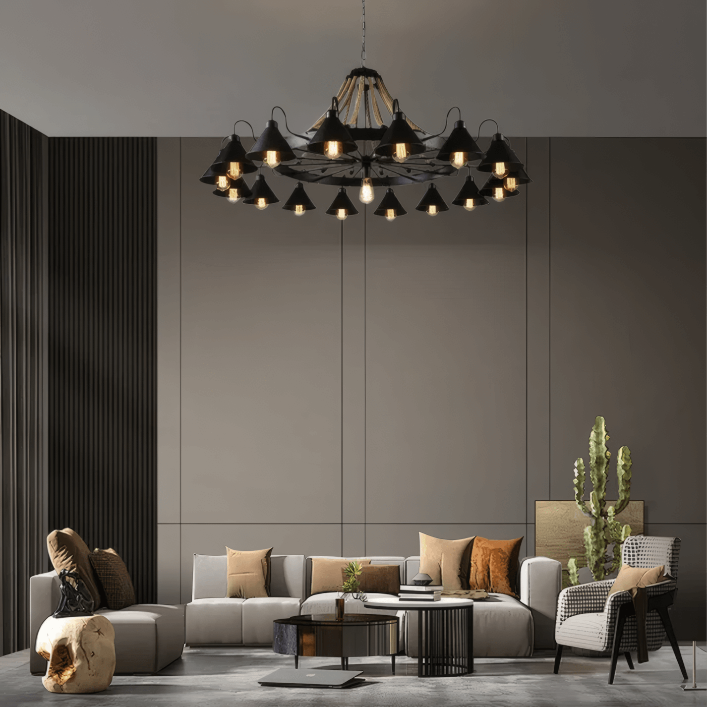 Lámpara de araña industrial de anillo - Metal negro para sala de estar - Flindria