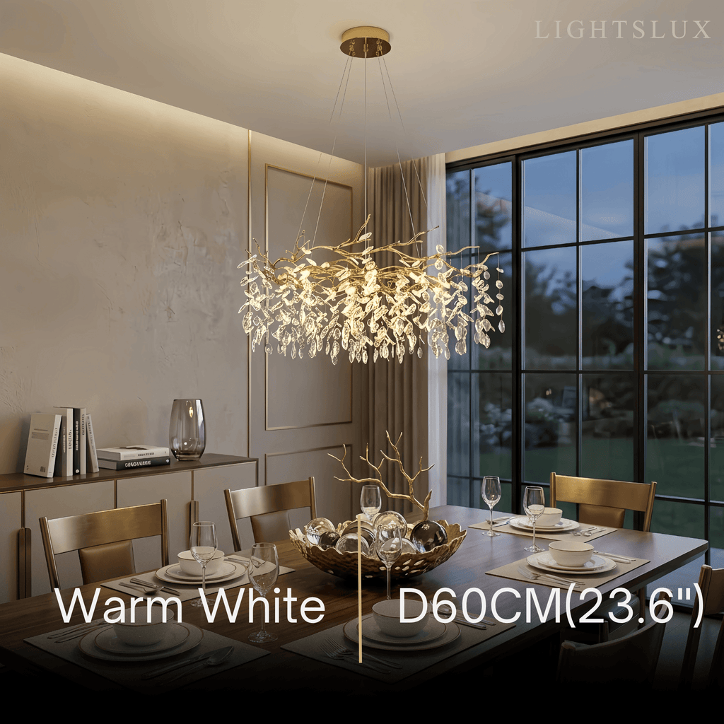 Lustre moderne de luxe - Groupe de cristaux et cadre métallique doré pour salon - Flindria