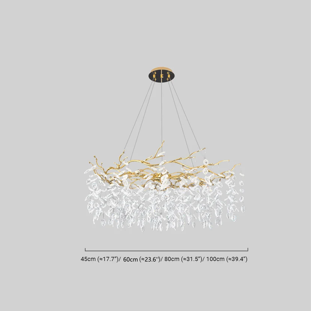 Lustre moderne de luxe - Groupe de cristaux et cadre métallique doré pour salon - Flindria