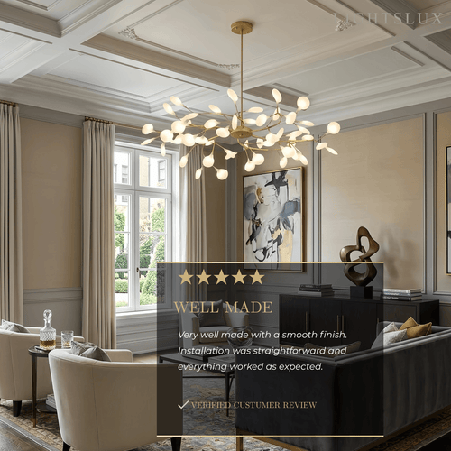 Art Deco Chandelier - Branch & Firefly Design in Black/Gold for Dining/Living Room - Flindria