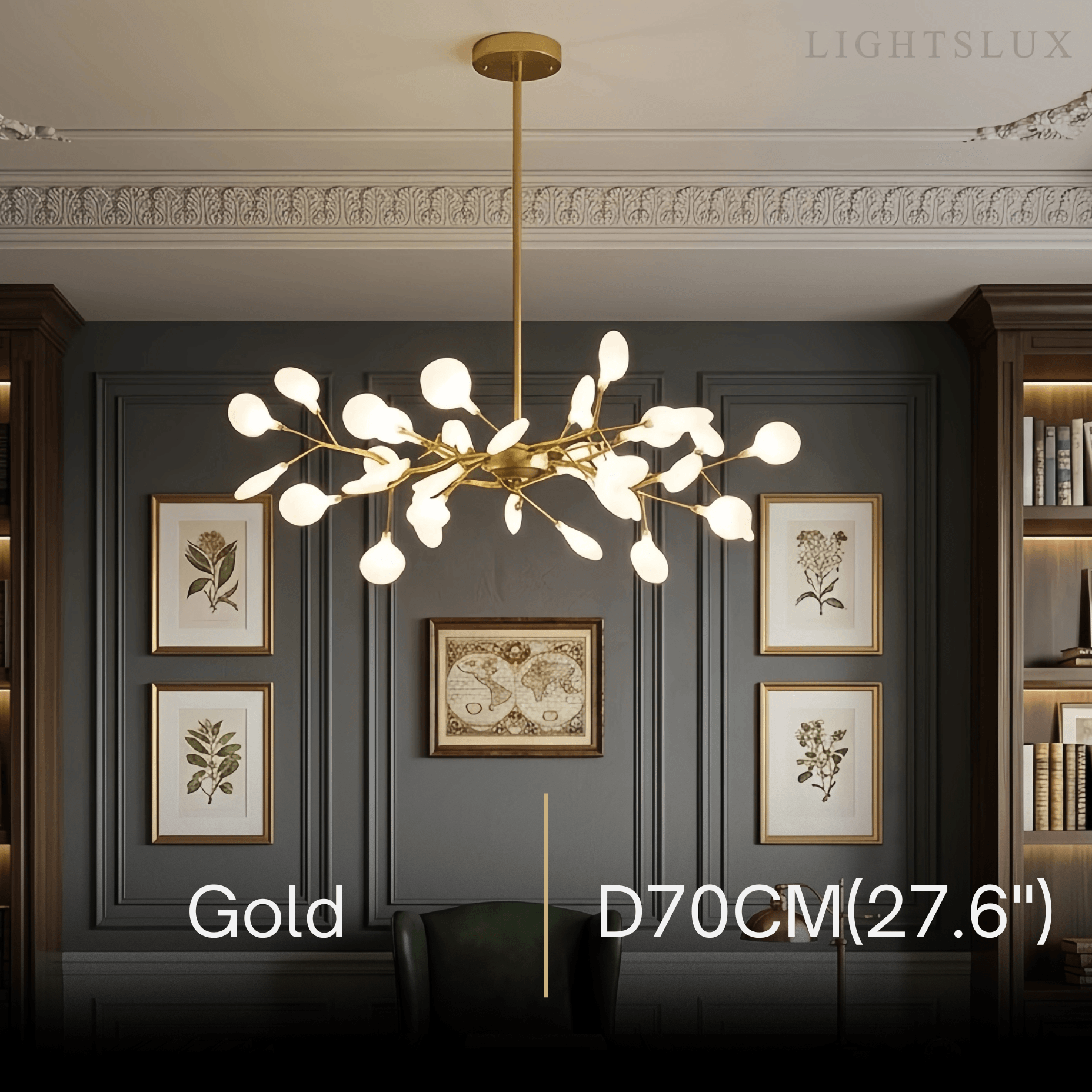 Art Deco Chandelier - Branch & Firefly Design in Black/Gold for Dining/Living Room - Flindria