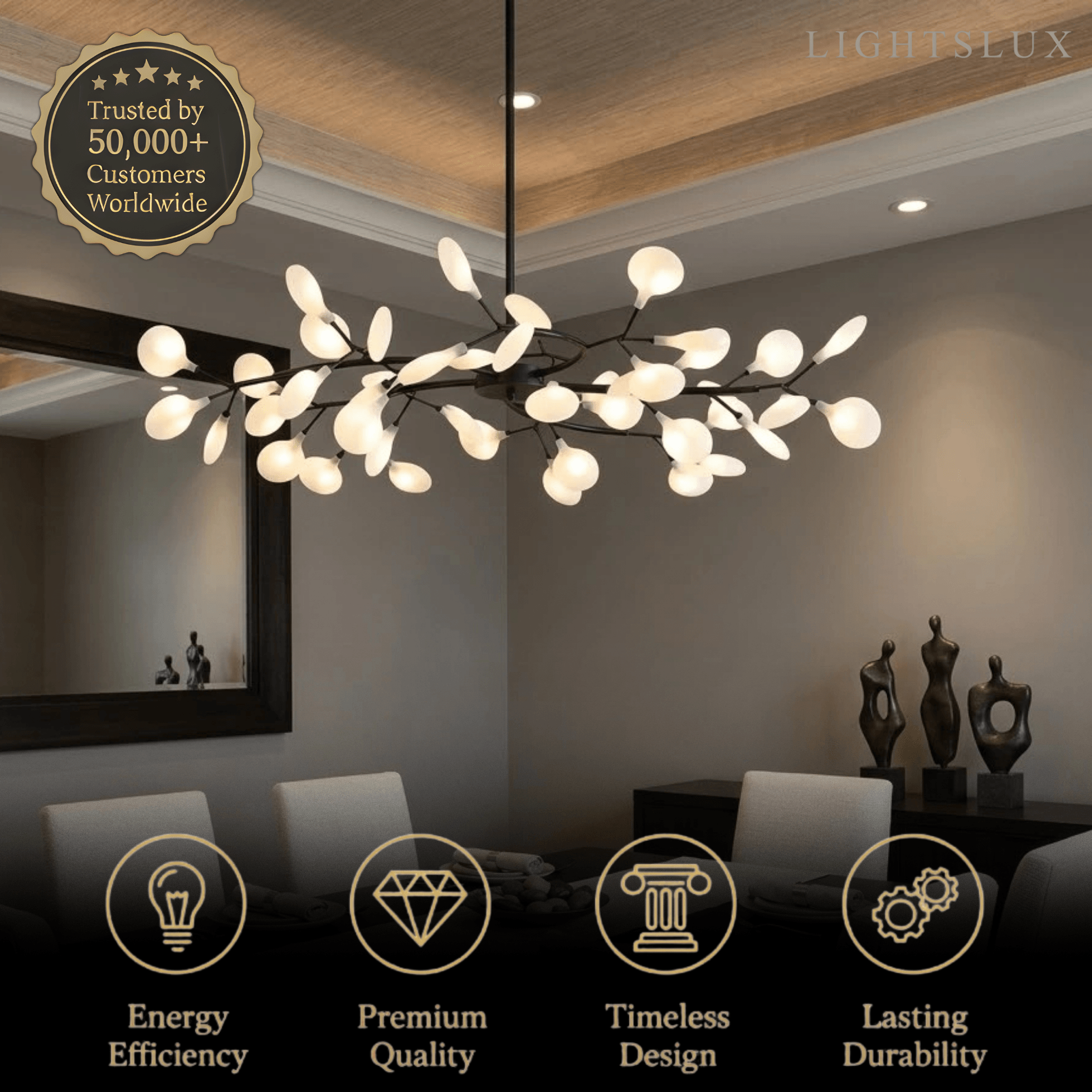 Art Deco Chandelier - Branch & Firefly Design in Black/Gold for Dining/Living Room - Flindria