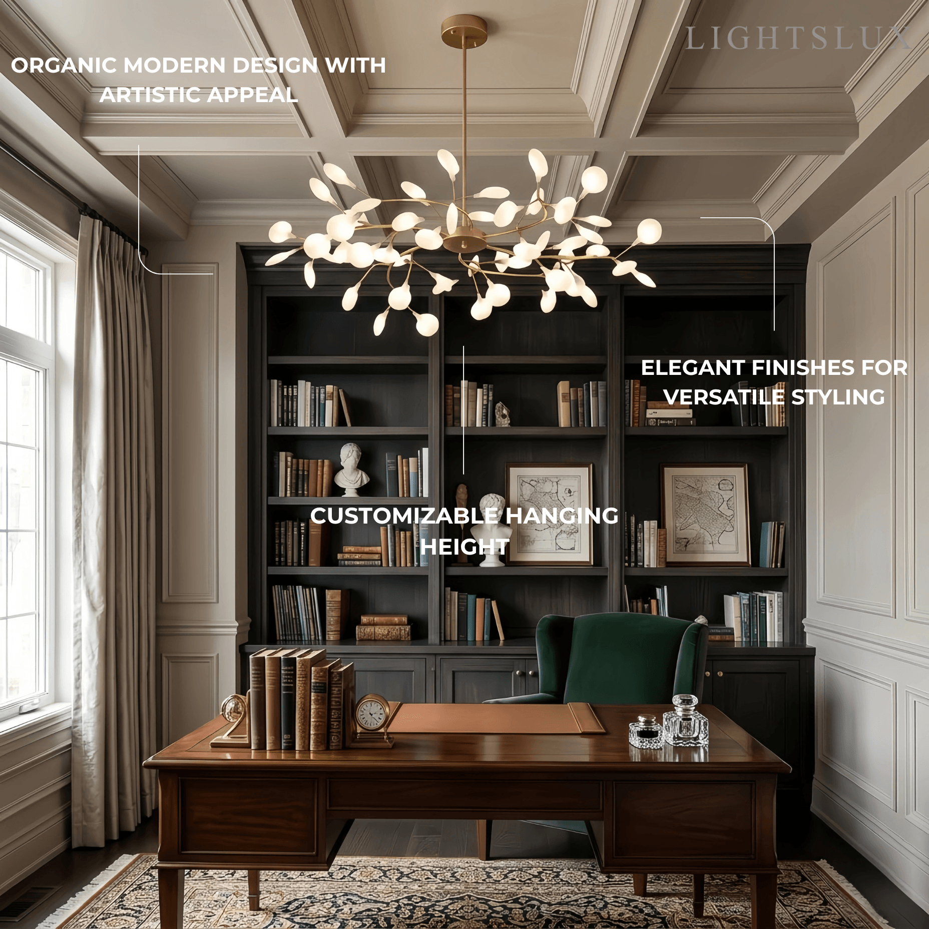 Art Deco Chandelier - Branch & Firefly Design in Black/Gold for Dining/Living Room - Flindria