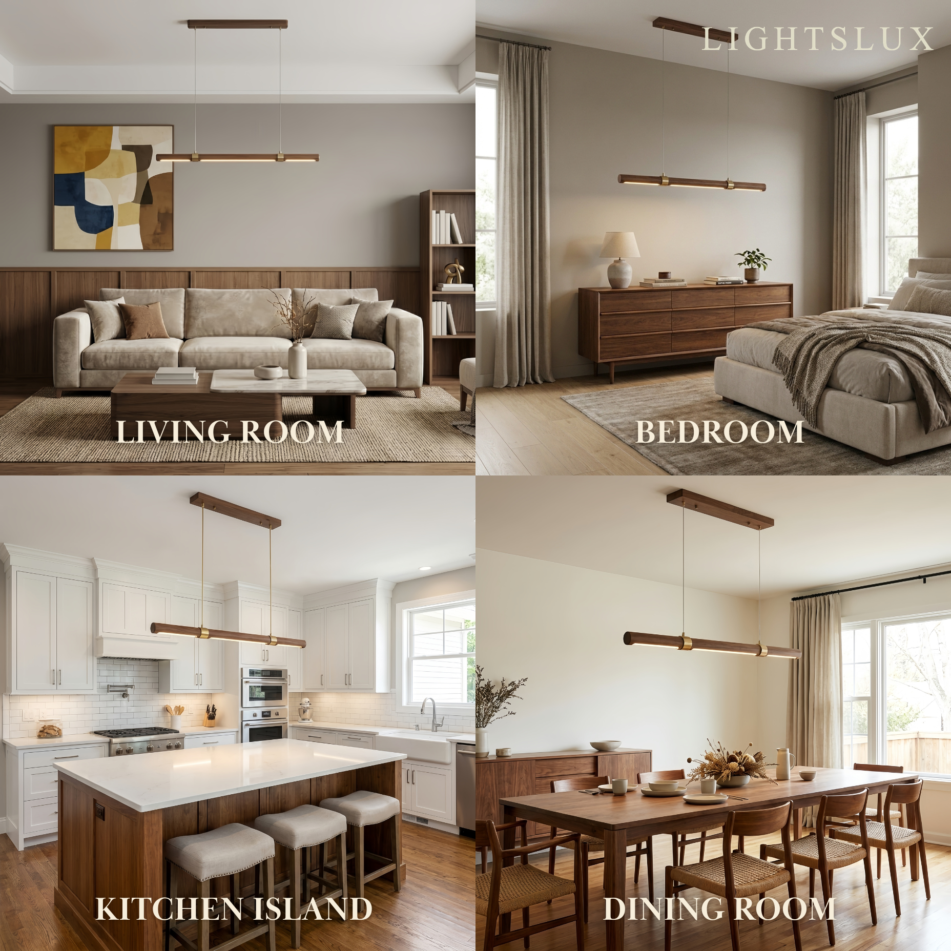 Modern Walnut Linear Pendant Light – Metal & Wood Fixture for Living Room - Flindria