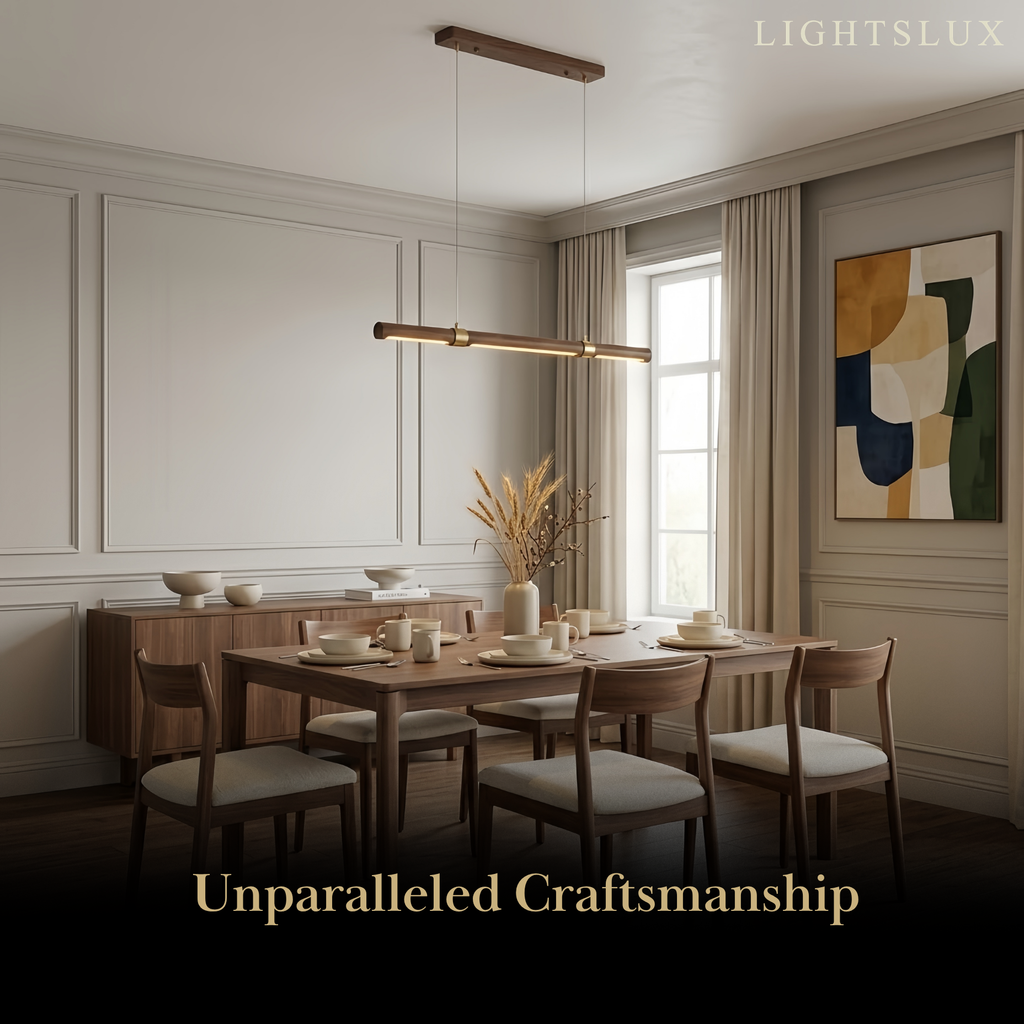 Modern Walnut Linear Pendant Light – Metal & Wood Fixture for Living Room - Flindria