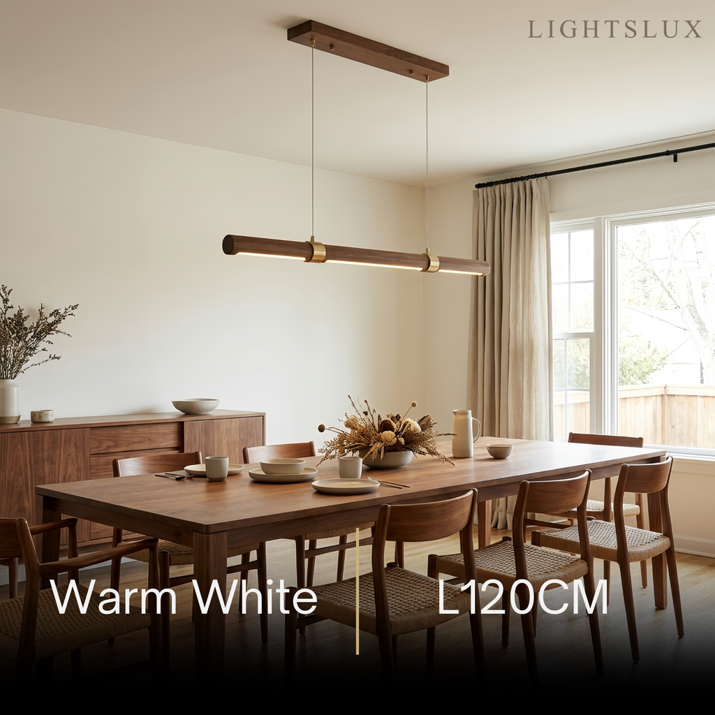Modern Walnut Linear Pendant Light – Metal & Wood Fixture for Living Room - Flindria