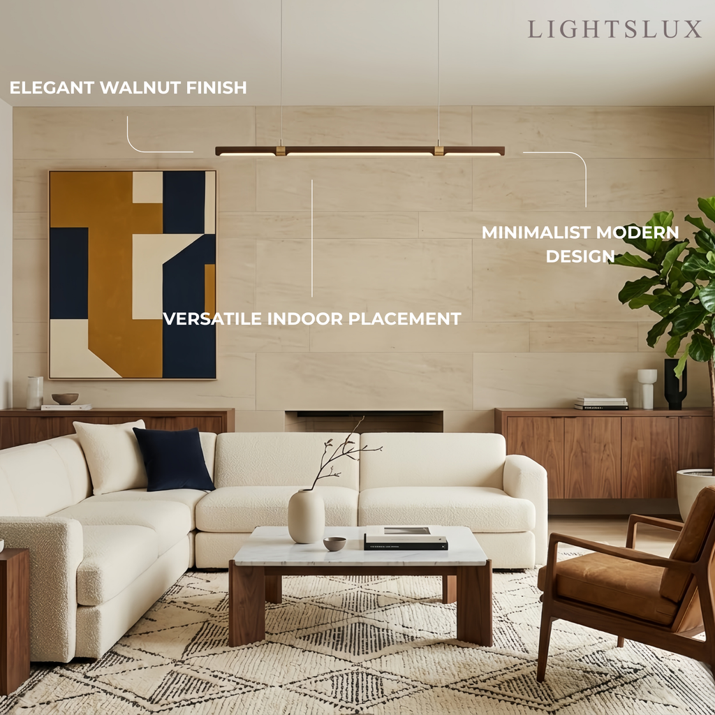 Modern Walnut Linear Pendant Light – Metal & Wood Fixture for Living Room - Flindria