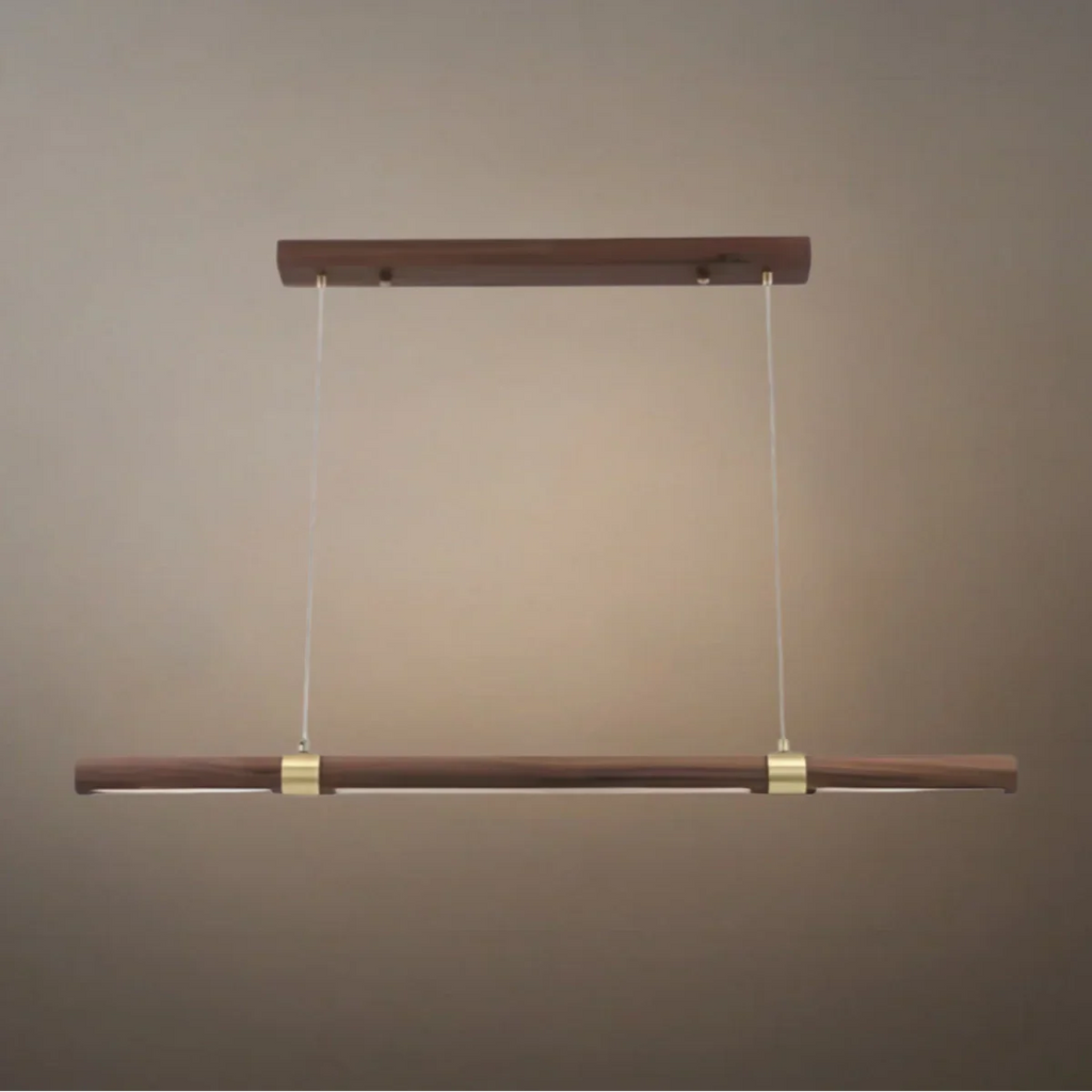 Modern Walnut Linear Pendant Light – Metal & Wood Fixture for Living Room - Flindria
