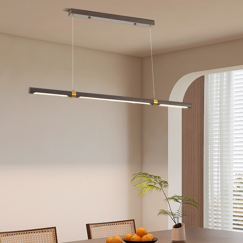 Modern Walnut Linear Pendant Light – Metal & Wood Fixture for Living Room - Flindria
