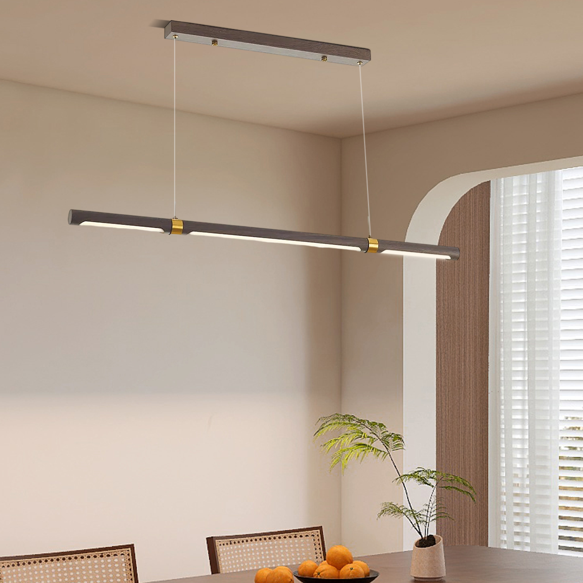Modern Walnut Linear Pendant Light – Metal & Wood Fixture for Living Room - Flindria