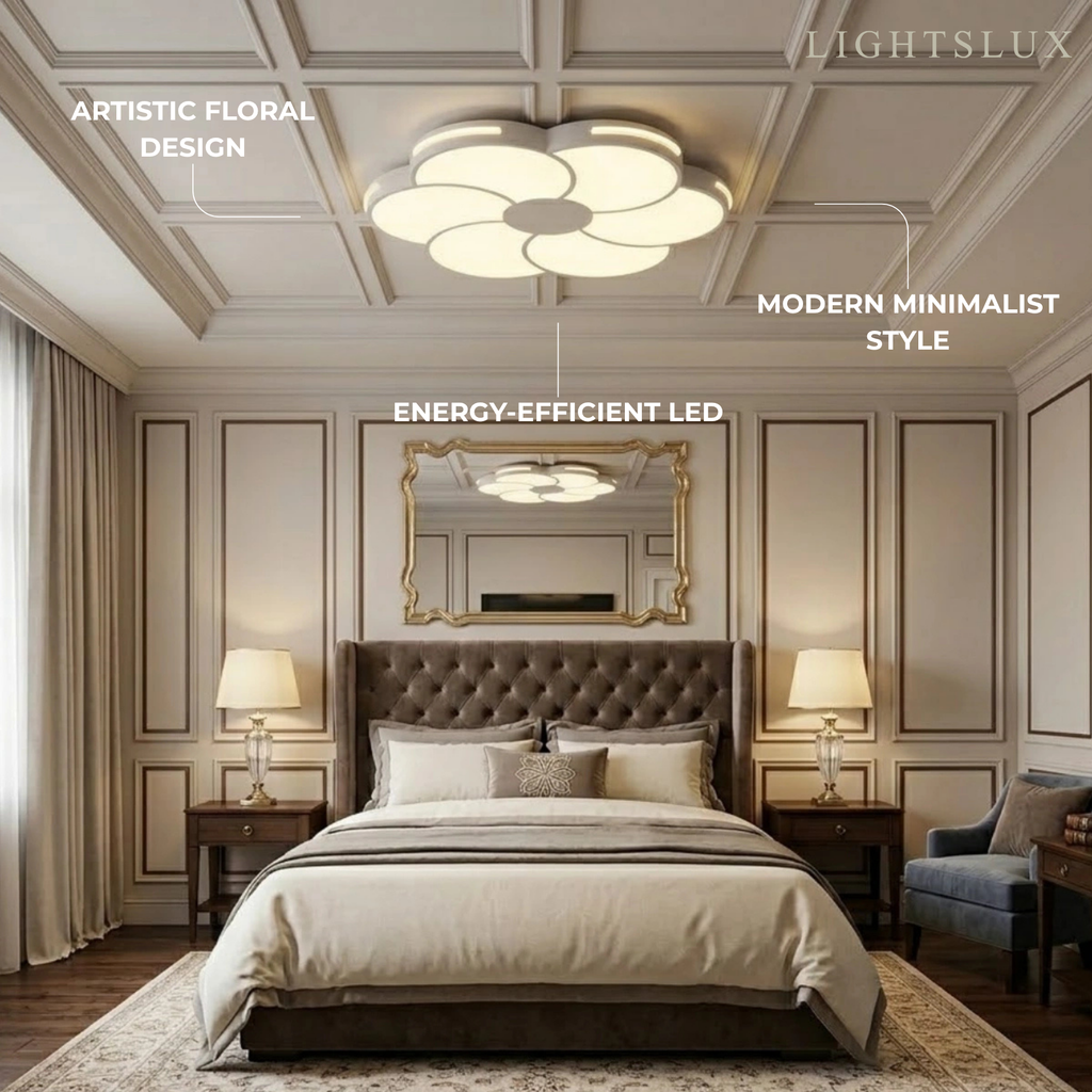 Modern Flower Dimmable Ceiling Light — White Metal & Acrylic Floral Design for Bedroom - Flindria