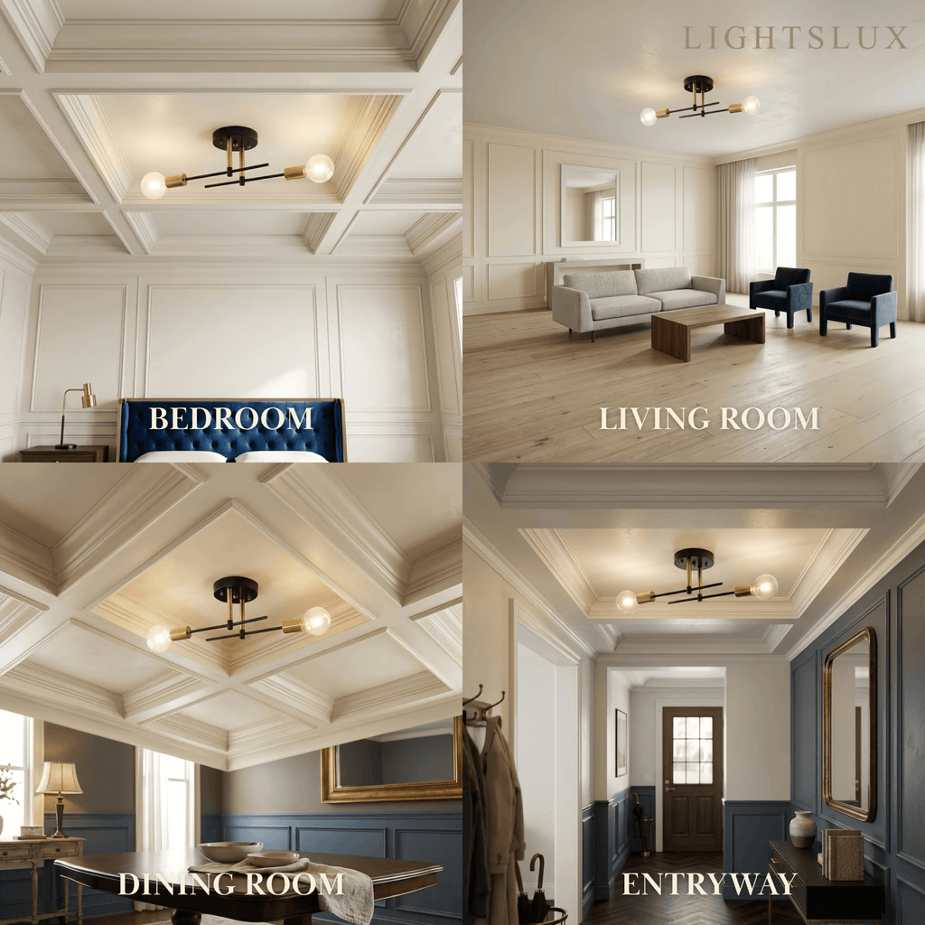 ダイニングルーム用のモダングローブ天井照明 — 黒＆金の金属／ガラスフラッシュマウント フリンドリア