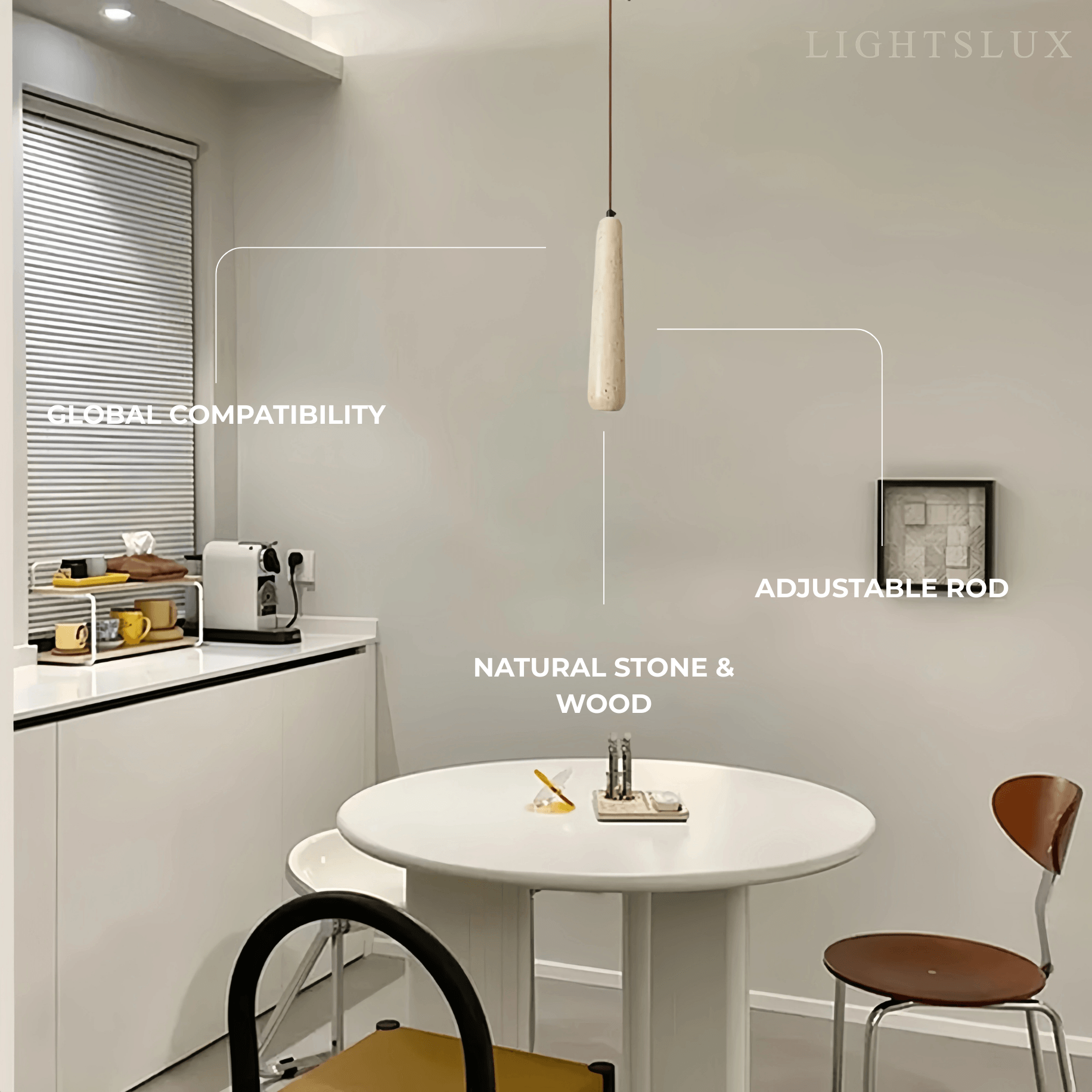 Modern Pendant Light — Natural Wood & Stone Cylinder for Dining Room - Flindria