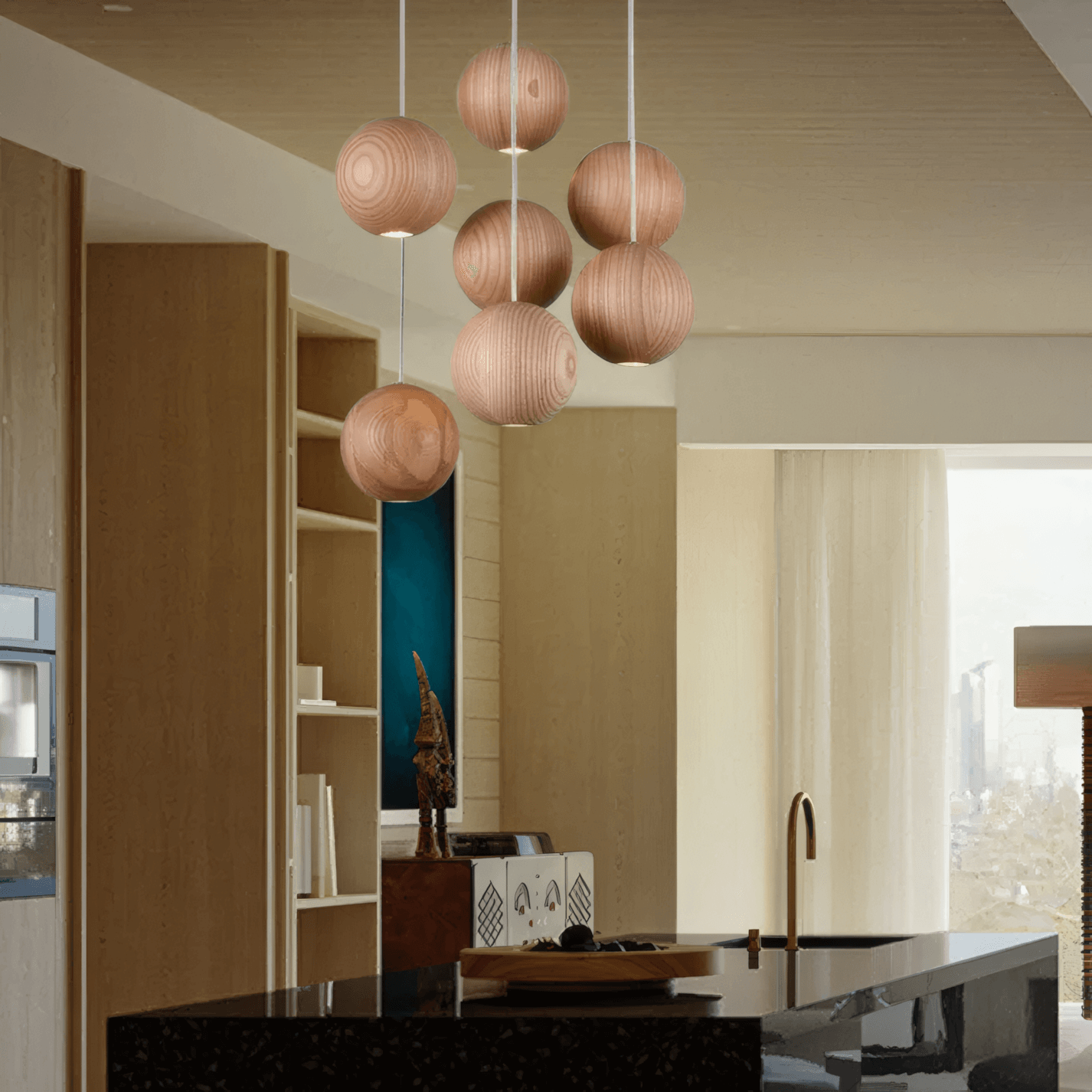 Minimalist Wood Pendant Light - Brown Globe for Living Room/Dining Room - Flindria