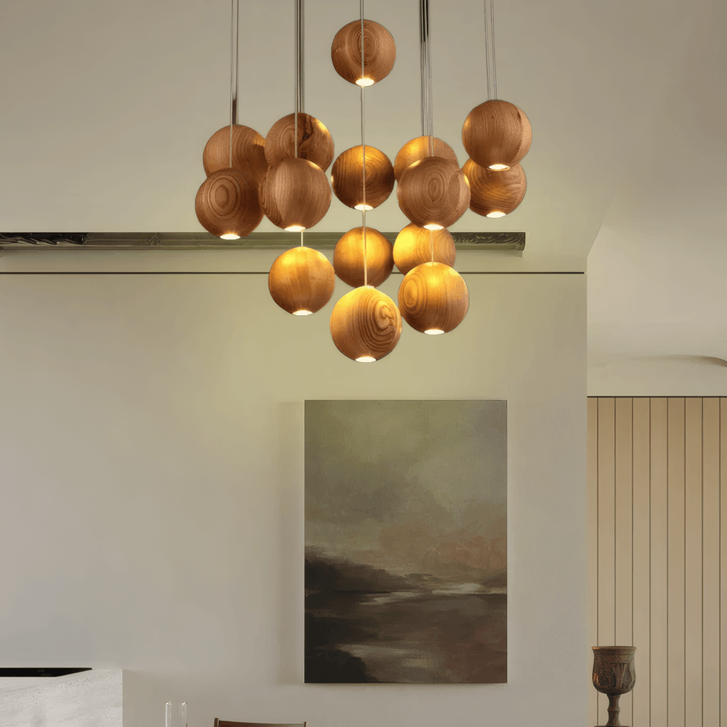 Minimalist Wood Pendant Light - Brown Globe for Living Room/Dining Room - Flindria