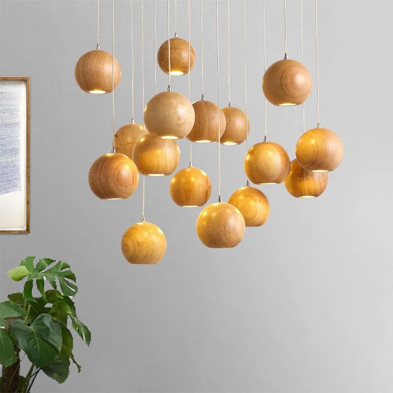 Minimalist Wood Pendant Light - Brown Globe for Living Room/Dining Room - Flindria