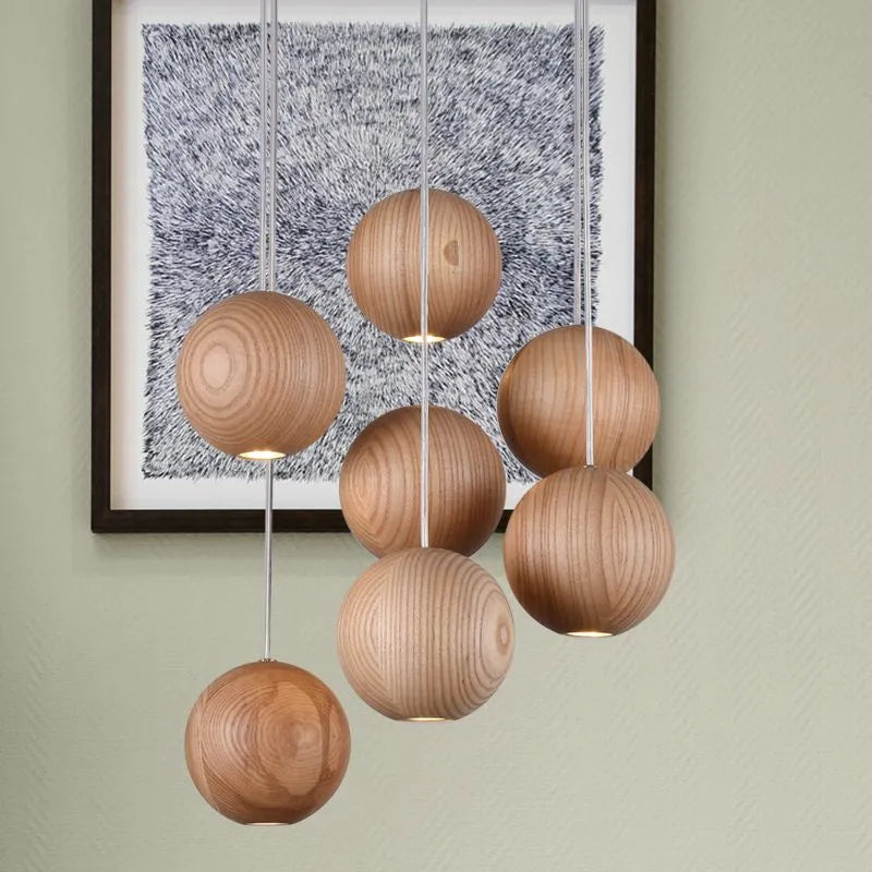 Minimalist Wood Pendant Light - Brown Globe for Living Room/Dining Room - Flindria