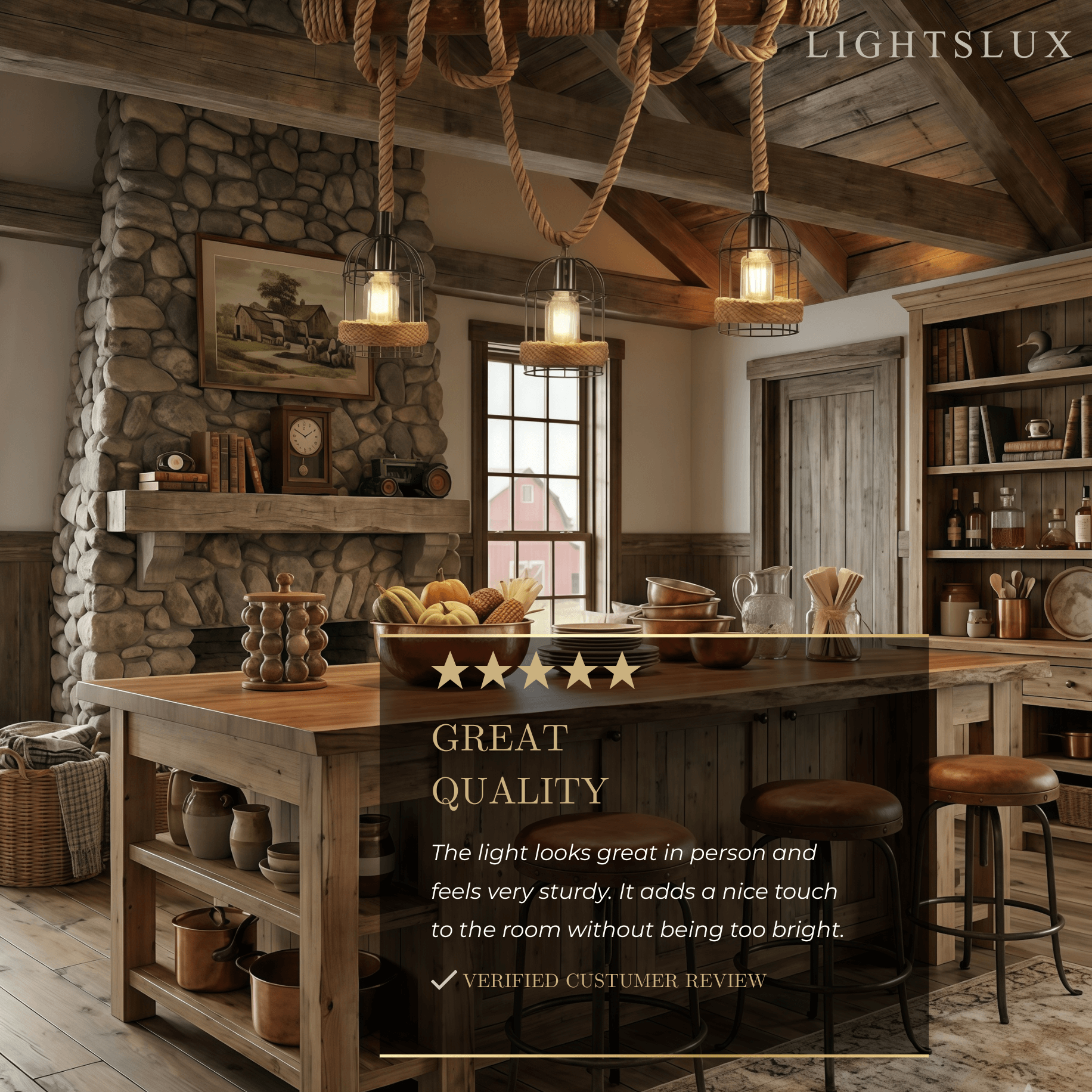 Lámpara colgante vintage de 3 luces – Diseño de madera y cuerda para comedor - Flindria