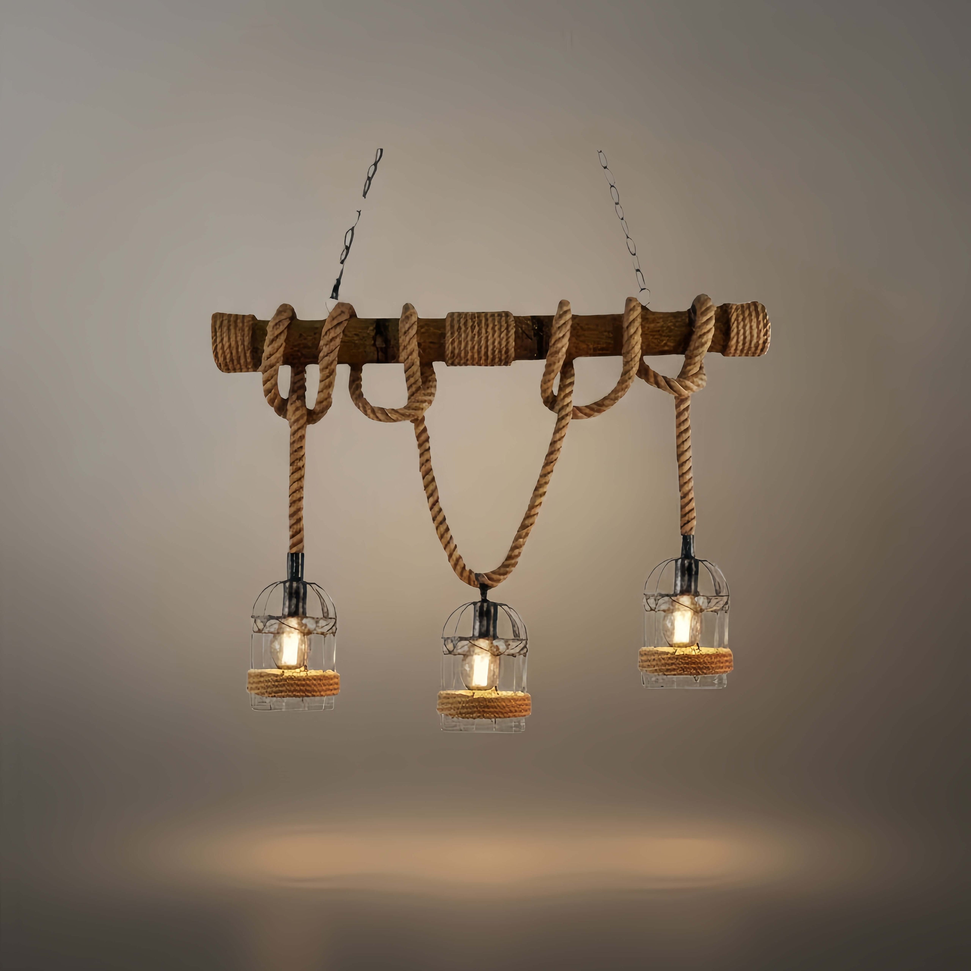 Lámpara colgante vintage de 3 luces – Diseño de madera y cuerda para comedor - Flindria