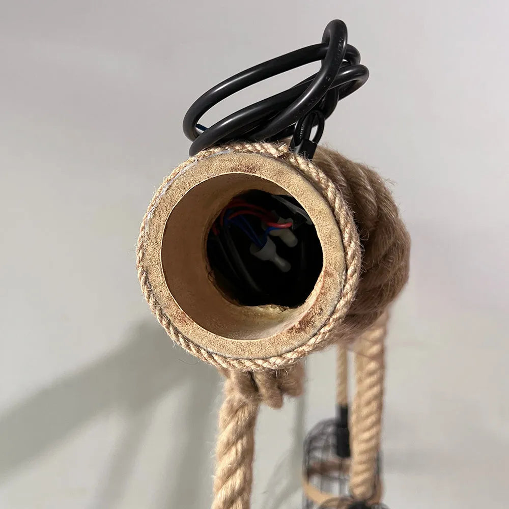 Lámpara colgante vintage de 3 luces – Diseño de madera y cuerda para comedor - Flindria
