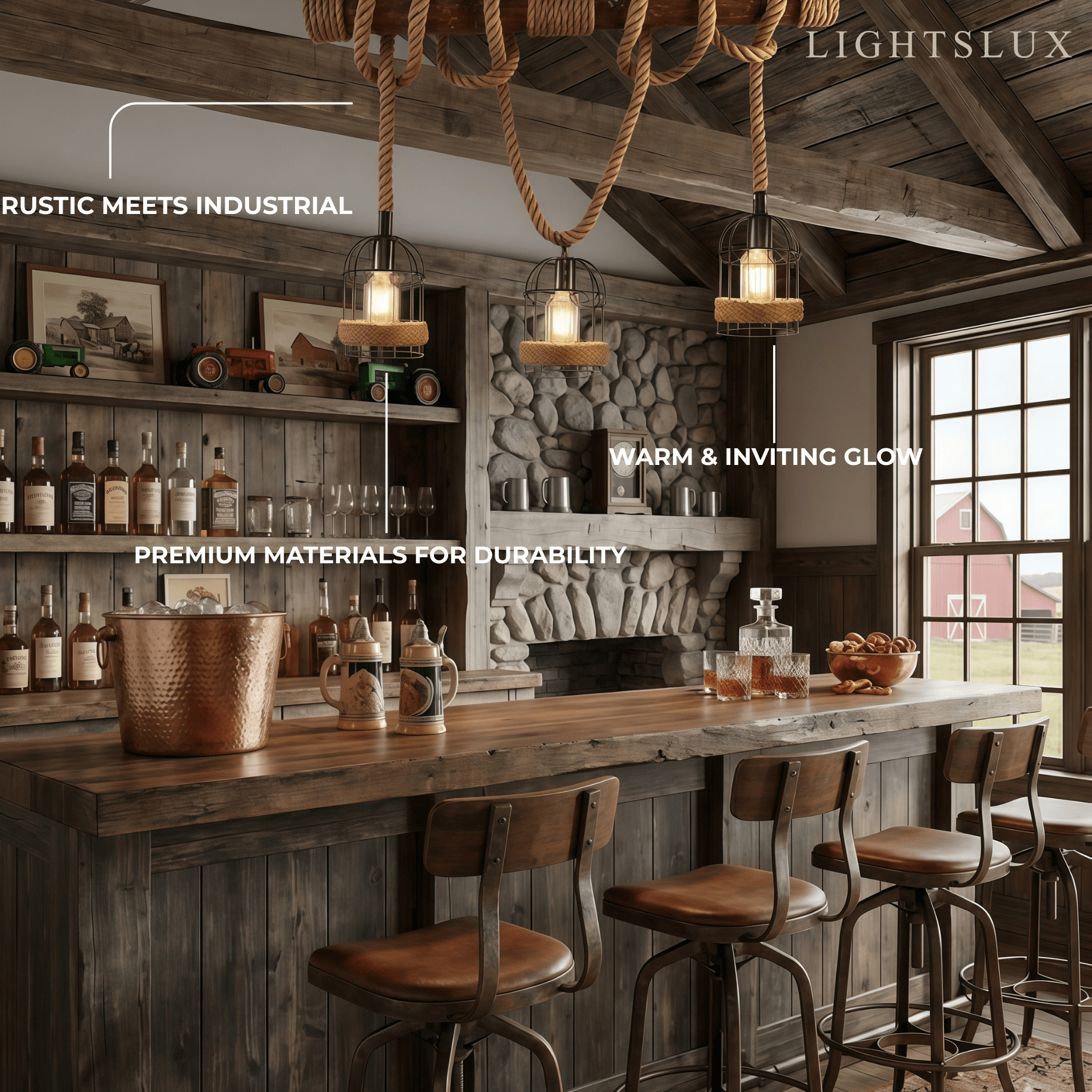 Lámpara colgante vintage de 3 luces – Diseño de madera y cuerda para comedor - Flindria