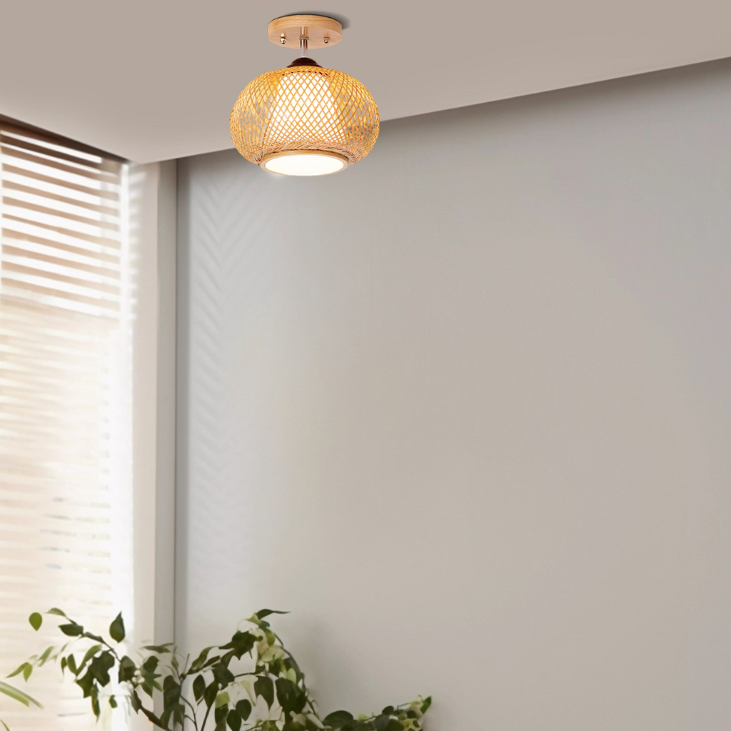 Rustic Boho Rattan Ceiling Light – Bamboo Flush Mount for Hallway - Flindria