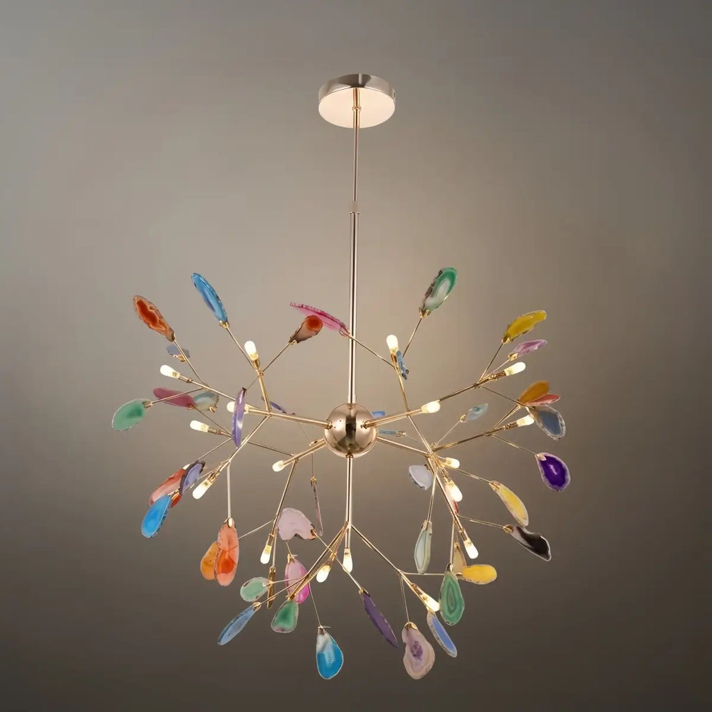 Art Deco Natural Agate Chandelier - Leaf Design in Blue/Green/Colorful - Flindria