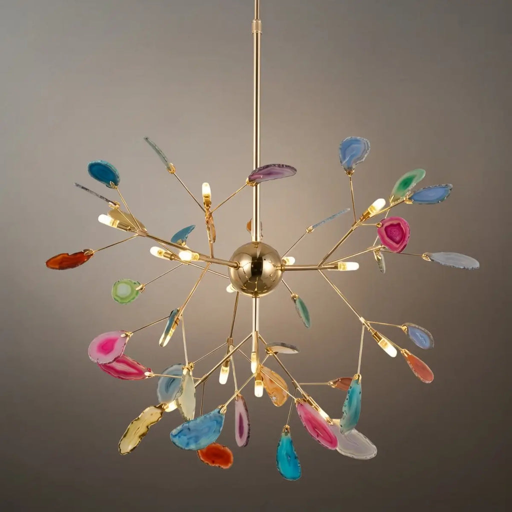 Art Deco Natural Agate Chandelier - Leaf Design in Blue/Green/Colorful - Flindria