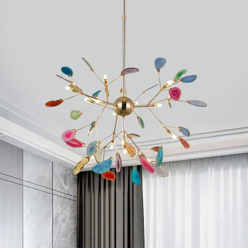 Art Deco Natural Agate Chandelier - Leaf Design in Blue/Green/Colorful - Flindria