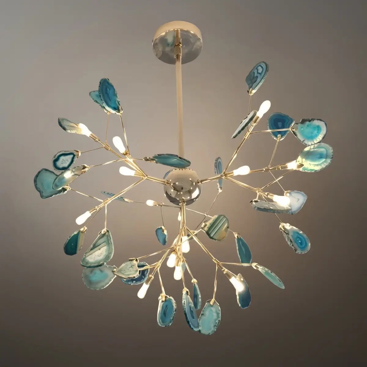 Art Deco Natural Agate Chandelier - Leaf Design in Blue/Green/Colorful - Flindria