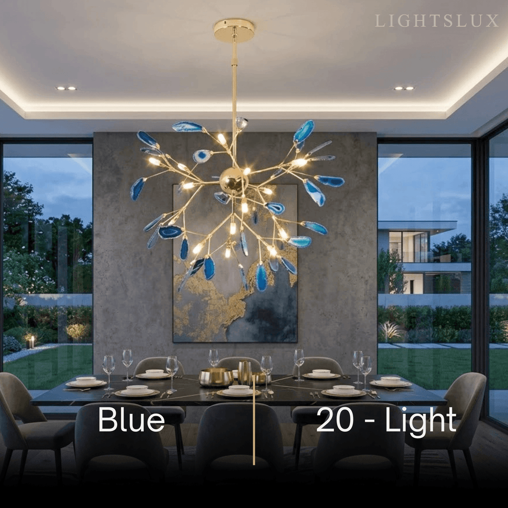 Art Deco Natural Agate Chandelier - Leaf Design in Blue/Green/Colorful - Flindria