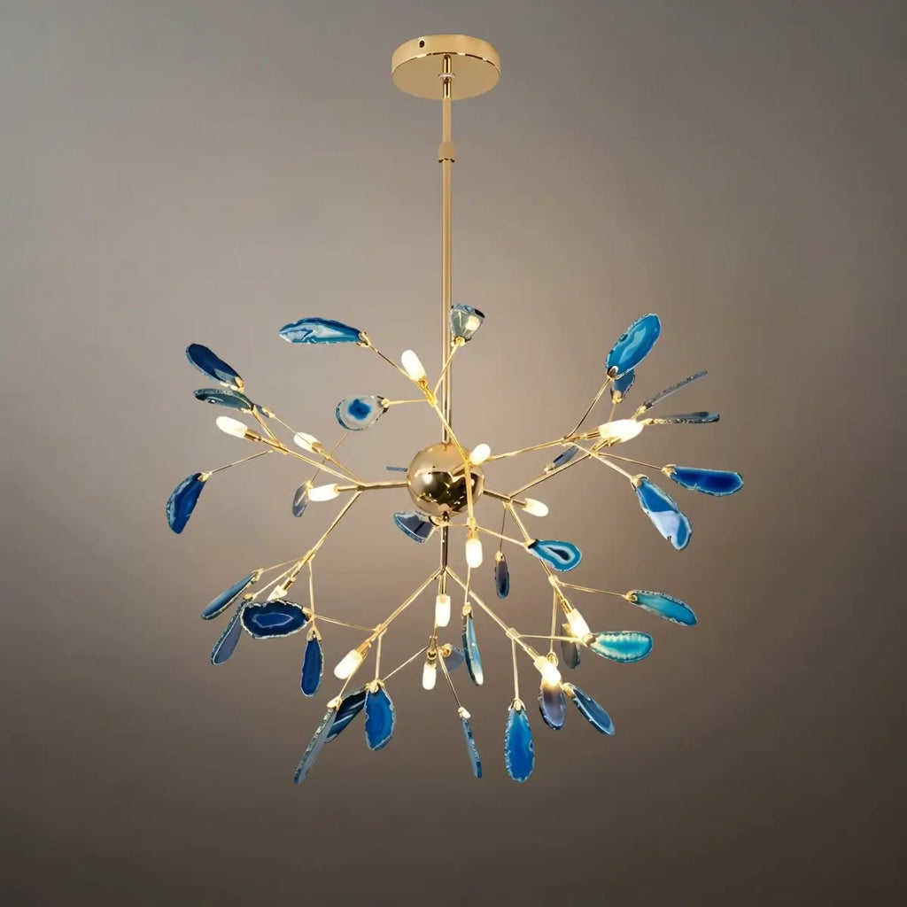 Art Deco Natural Agate Chandelier - Leaf Design in Blue/Green/Colorful - Flindria