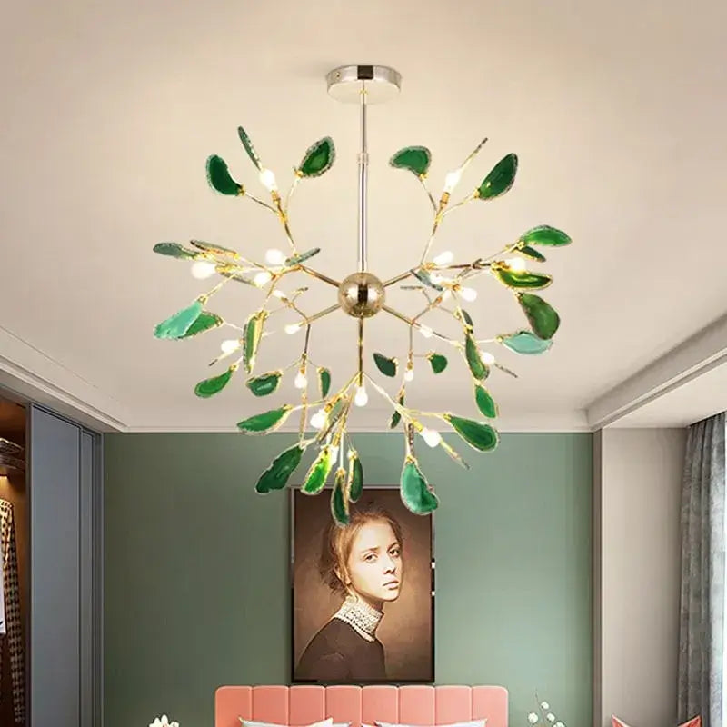 Art Deco Natural Agate Chandelier - Leaf Design in Blue/Green/Colorful - Flindria