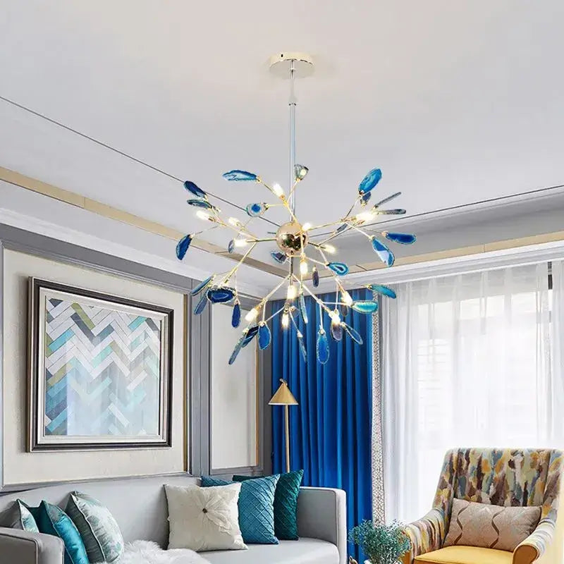 Art Deco Natural Agate Chandelier - Leaf Design in Blue/Green/Colorful - Flindria
