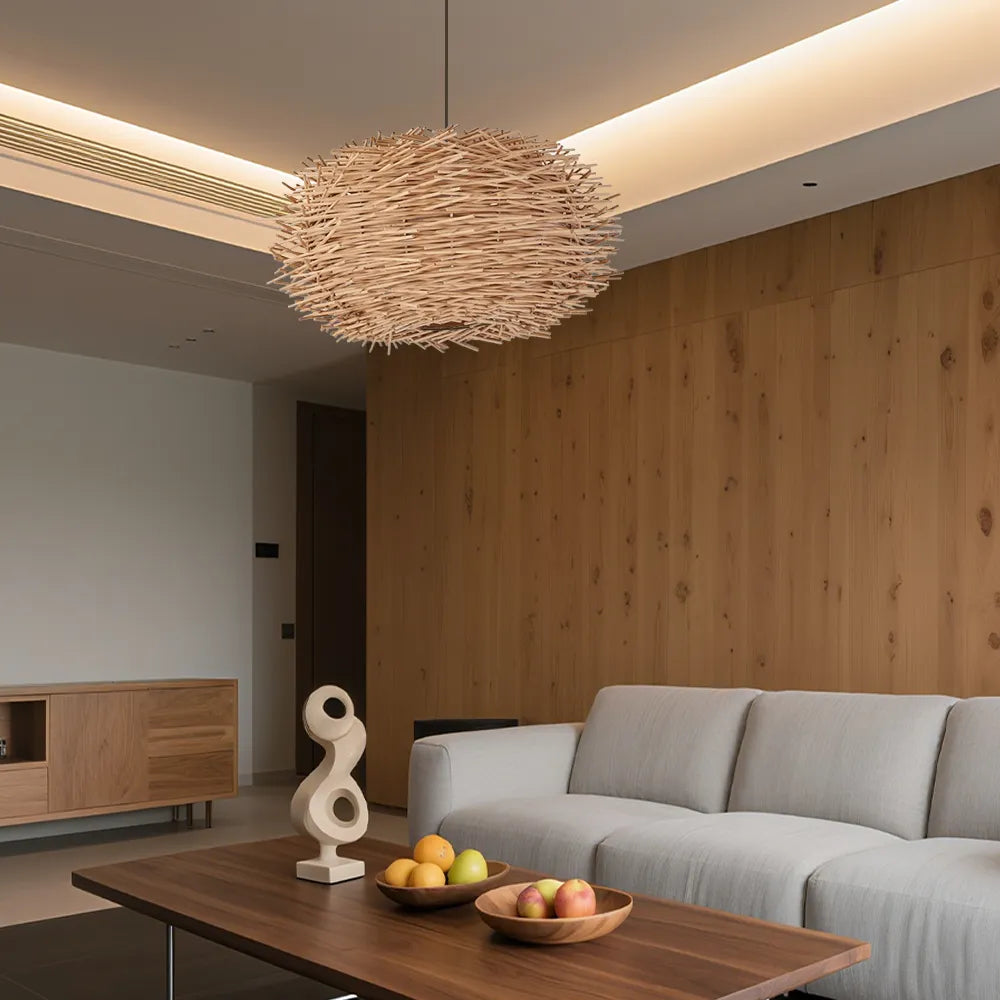Farmhouse Globular Wood Pendant Light – Brown for Living Room - Flindria