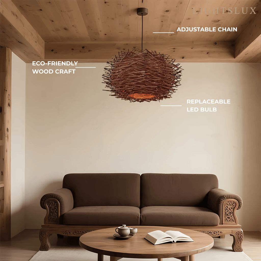 Farmhouse Globular Wood Pendant Light – Brown for Living Room - Flindria