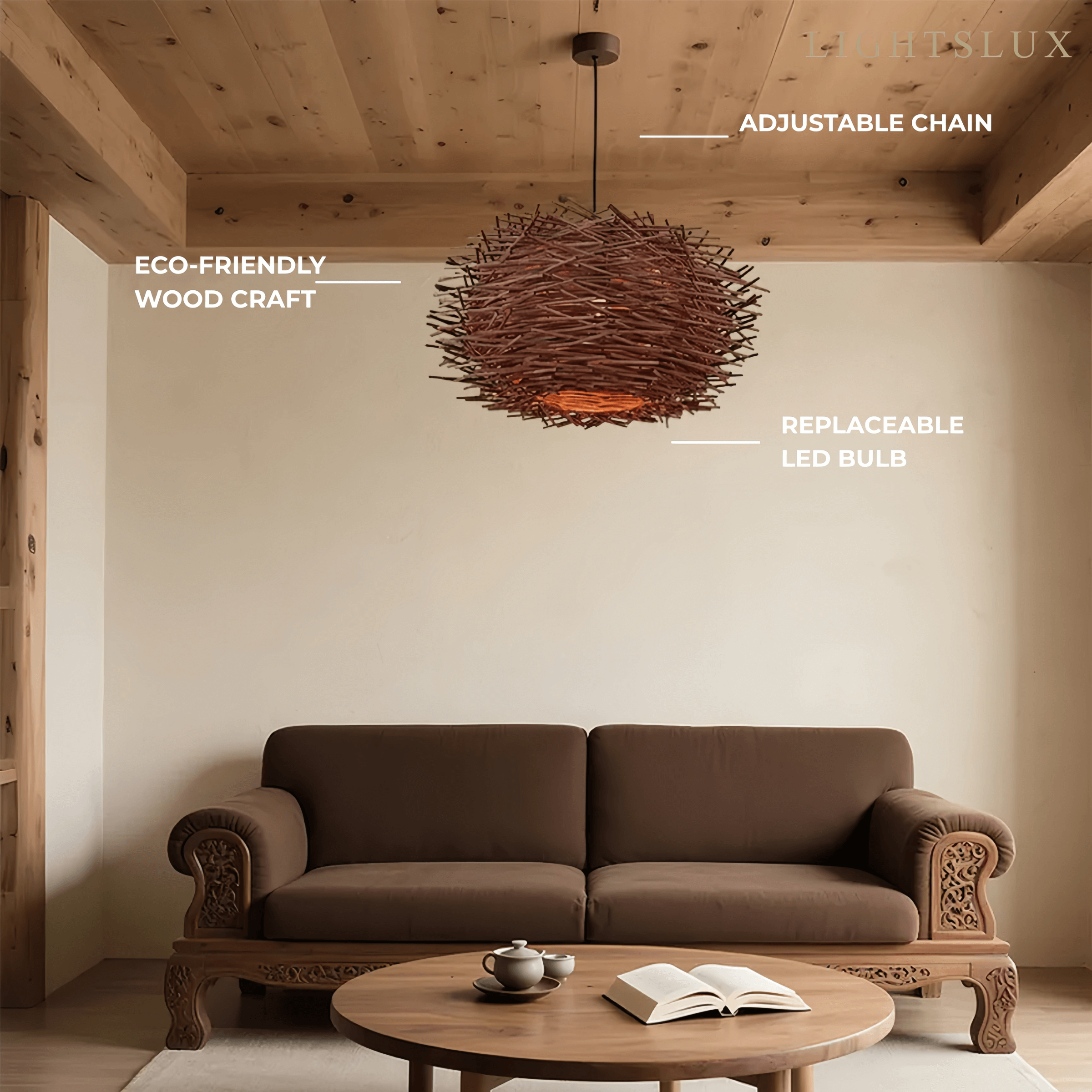 Farmhouse Globular Wood Pendant Light – Brown for Living Room - Flindria