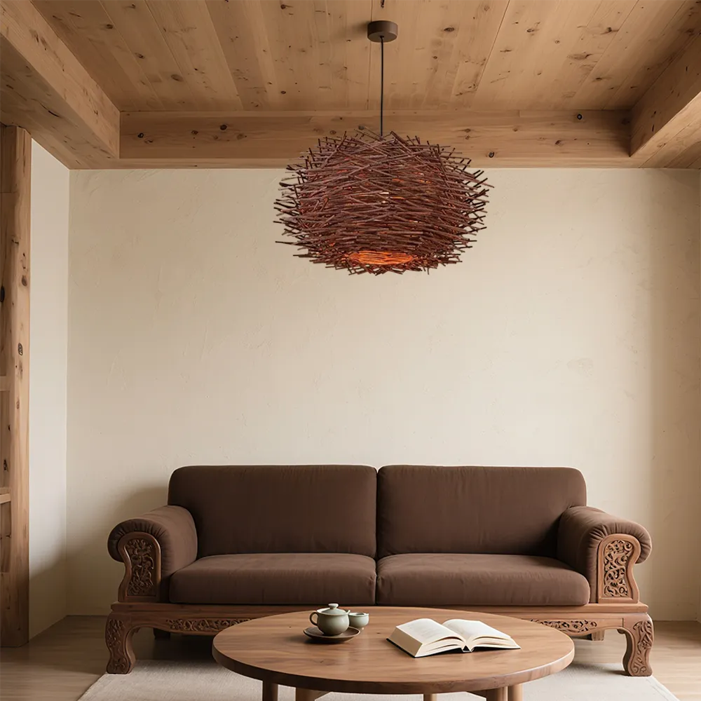 Farmhouse Globular Wood Pendant Light – Brown for Living Room - Flindria
